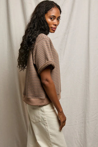 Briggs French Terry Stripe SS Rolled Sleeve Sweatshirt - Mocha/Charcoal // Perfect White Tee
