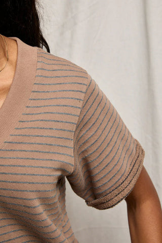 Briggs French Terry Stripe SS Rolled Sleeve Sweatshirt - Mocha/Charcoal // Perfect White Tee