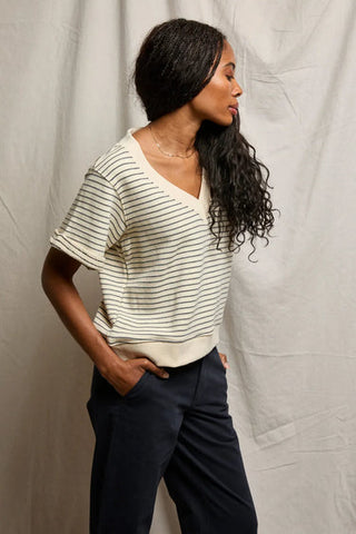 Briggs French Terry Stripe SS Rolled Sleeve Sweatshirt - Mocha/Charcoal // Perfect White Tee