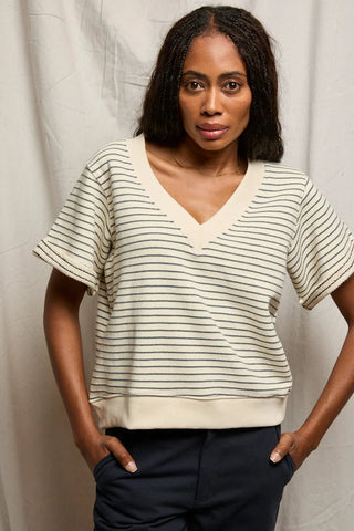 Briggs French Terry Stripe SS Rolled Sleeve Sweatshirt - Mocha/Charcoal // Perfect White Tee
