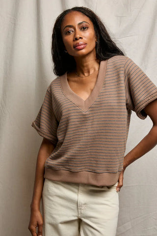 Briggs French Terry Stripe SS Rolled Sleeve Sweatshirt - Mocha/Charcoal // Perfect White Tee