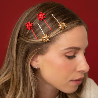 Metal Gift Bow Bobby Pins - 4pc Set Red & Gold // Kitsch