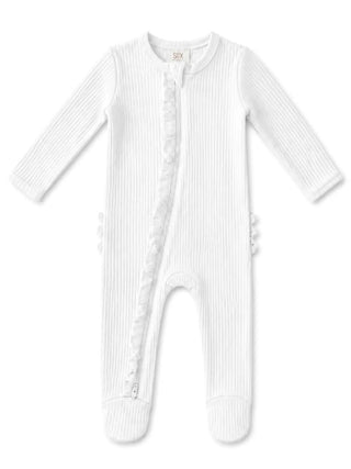 White Ribbed Frill 2-Way Zip Footie