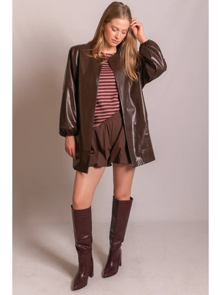 Faux Leather Billowy Sleeve Jacket - Chocolate