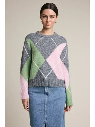 Amanda Argyle Pattern Knit Sweater - Grey/Pink/Olive