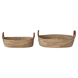 Handwoven Seagrass & Water Hyacinth Basket w/ Leather Handle