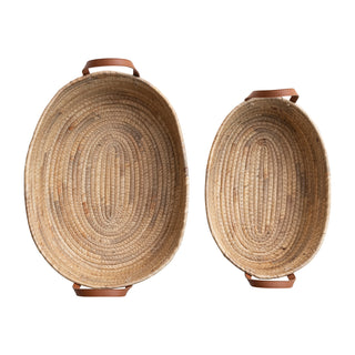 Handwoven Seagrass & Water Hyacinth Basket w/ Leather Handle