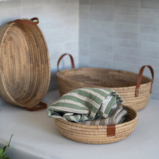 Handwoven Seagrass & Water Hyacinth Basket w/ Leather Handle