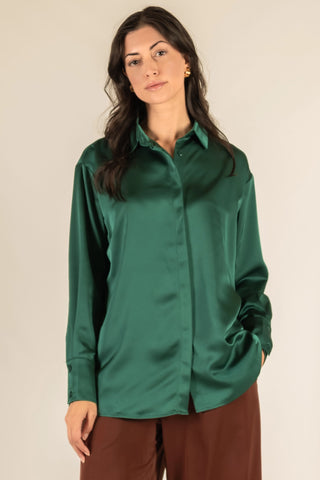Jade Satin Placket Cover Button Up Shirt - Emerald