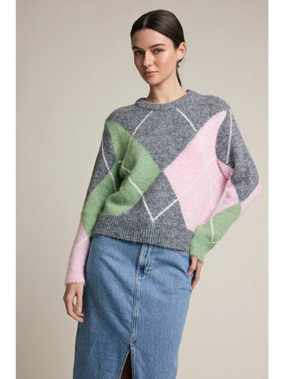 Amanda Argyle Pattern Knit Sweater - Grey/Pink/Olive