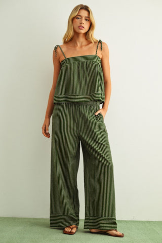Lainey Striped Print Straight Wide Leg Pants - Green