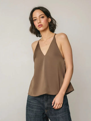 Sierra Satin Deep V-Neck Flare Tank - Mocha Moose