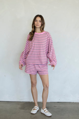 Emilia Double Stripe Terry Shorts - Pink/Brown