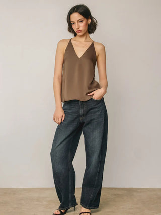 Sierra Satin Deep V-Neck Flare Tank - Mocha Moose