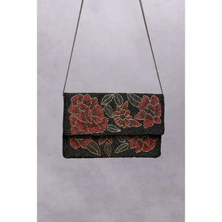 Floral Beaded Black Chain Mini Shoulder Bag