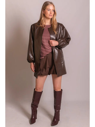 Faux Leather Billowy Sleeve Jacket - Chocolate