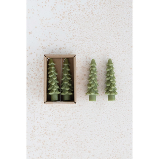 Short Tree Shaped Taper Candles in Box / Set of 2 /  Cedar Green