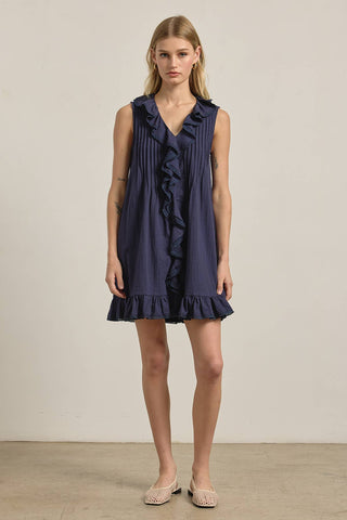 Ruffle Trim Pintuck Dress with Slip Lining - Navy // Raisonnel