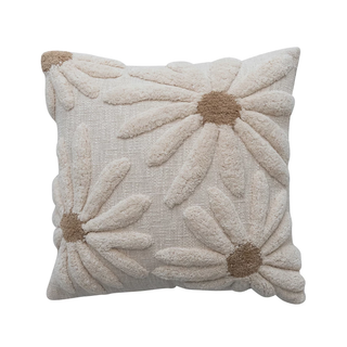 Square Cotton Slub Pillow with Tufted Flowers