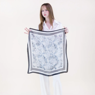 Paisley Houndstooth Border Satin Small Square Scarf - Black