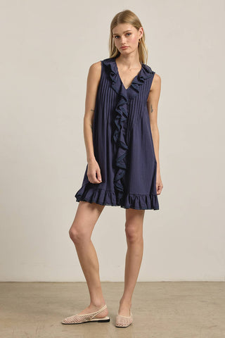 Ruffle Trim Pintuck Dress with Slip Lining - Navy // Raisonnel