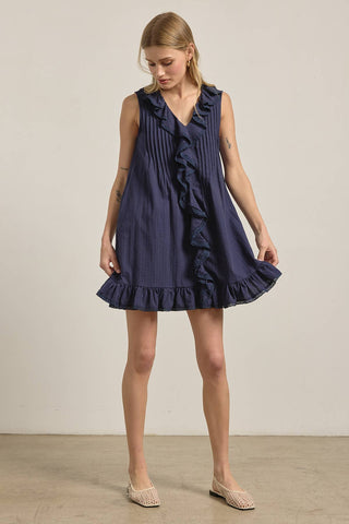 Ruffle Trim Pintuck Dress with Slip Lining - Navy // Raisonnel