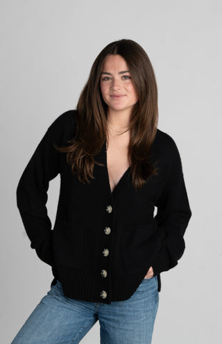 Eden Boyfriend V Neck Cardigan - Black | Archer Cashmere