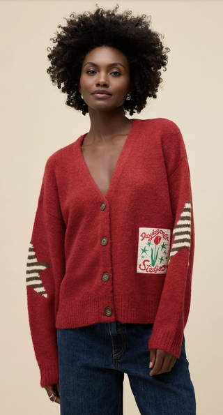 Star V-Neck Slouch Cardigan / Red