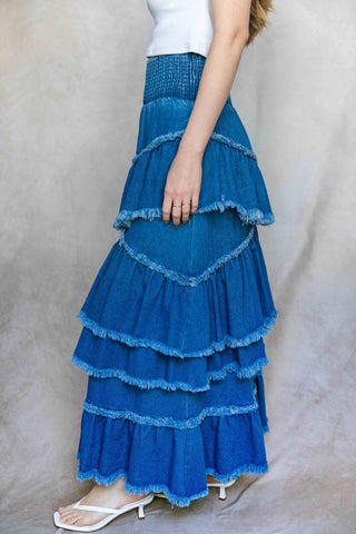 Sienna Frayed Tiered Skirt – Medium Wash
