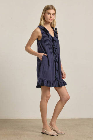 Ruffle Trim Pintuck Dress with Slip Lining - Navy // Raisonnel