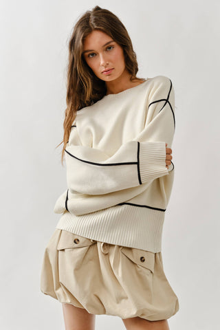 Wynter Oversized Contrast Stitching Sweater - Cream