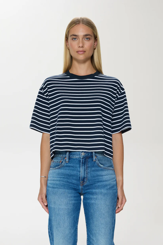 Mae Cropped Tee - Navy White Stripe // Pistola