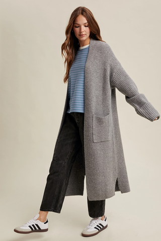 Yvonne Ribbed Knit Longline Sweater Cardigan / Grey
