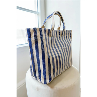 Blue and Beige Striped Tote Bag