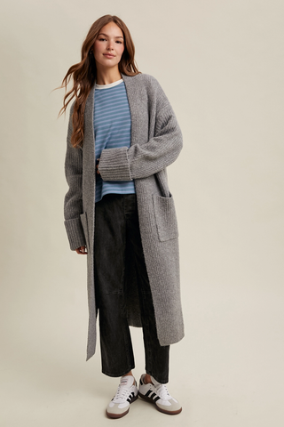 Yvonne Ribbed Knit Longline Sweater Cardigan / Grey