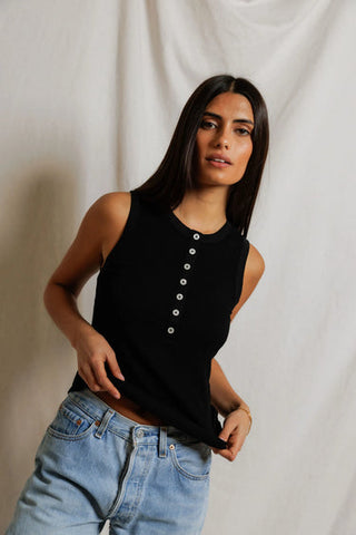 Loretta Luxe Rib Henley Tank - True Black // Perfect White Tee