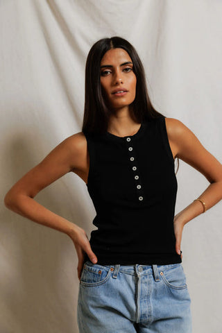 Loretta Luxe Rib Henley Tank - True Black // Perfect White Tee