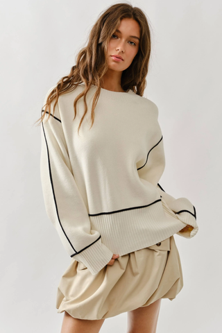 Wynter Oversized Contrast Stitching Sweater - Cream