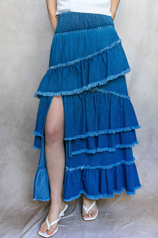 Sienna Frayed Tiered Skirt – Medium Wash