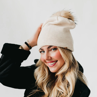 Fine Knit Fur Pom Slouchy Beanie