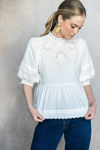 Eliza Eyelet Puff Sleeve Blouse – White