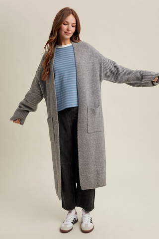 Yvonne Ribbed Knit Longline Sweater Cardigan / Grey