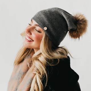 Fine Knit Fur Pom Slouchy Beanie