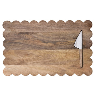 Mango Wood Scalloped Cheese & Serving Board Set with Knife – Set of 2