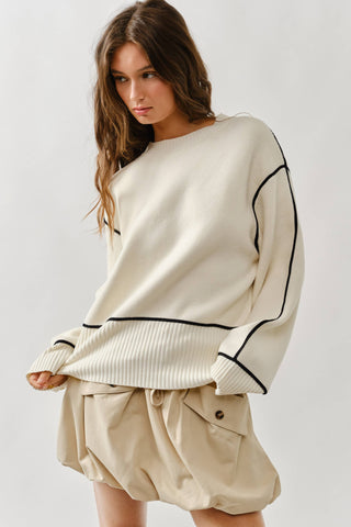 Wynter Oversized Contrast Stitching Sweater - Cream
