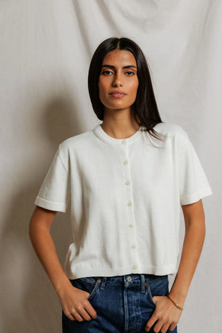 Maude Cotton Short Sleeve Crew Cardigan - White // Perfect White Tee