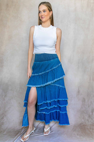 Sienna Frayed Tiered Skirt – Medium Wash