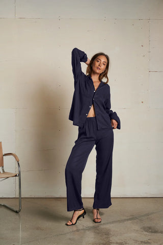 Melody Tencel LS Woven Button Top / Navy / Perfect White Tee