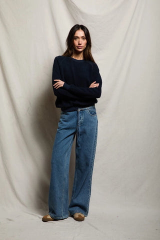 Ziggy Reverse Fleece LS Shrunken Crew - Navy // Perfect White Tee