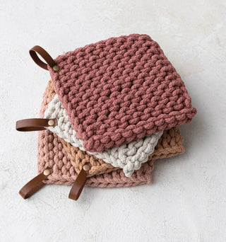 8” Square Crocheted Pot Holders - Leather Loop